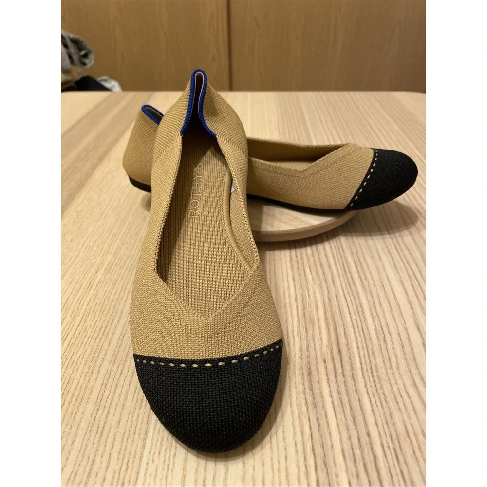 Rothy's The Flat Womens Size 8 Camel Black Cap Toe Ballet Flats Knit Shoes